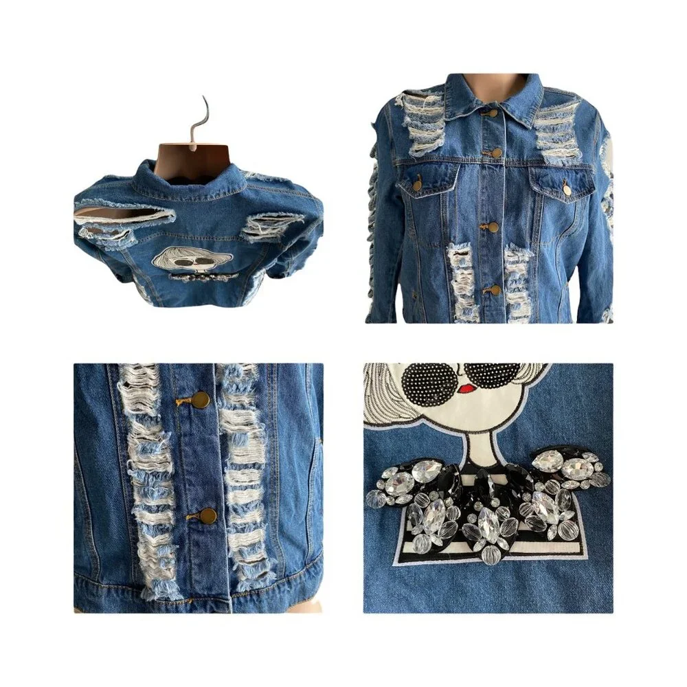 Denimland Paris Collection Jean Jacket Women M Destroyed Rhinestones Embroidered - Picture 6 of 13